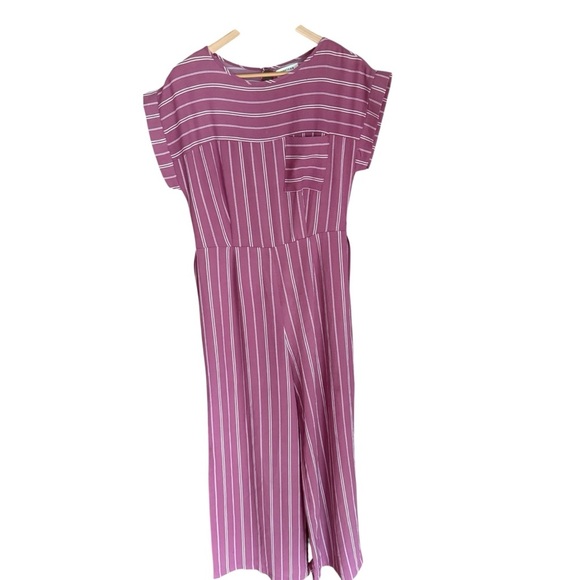 Monteau Women’s Pink White Striped Wide Leg Slit Jumpsuit Size L Short Sleeve - Picture 3 of 13